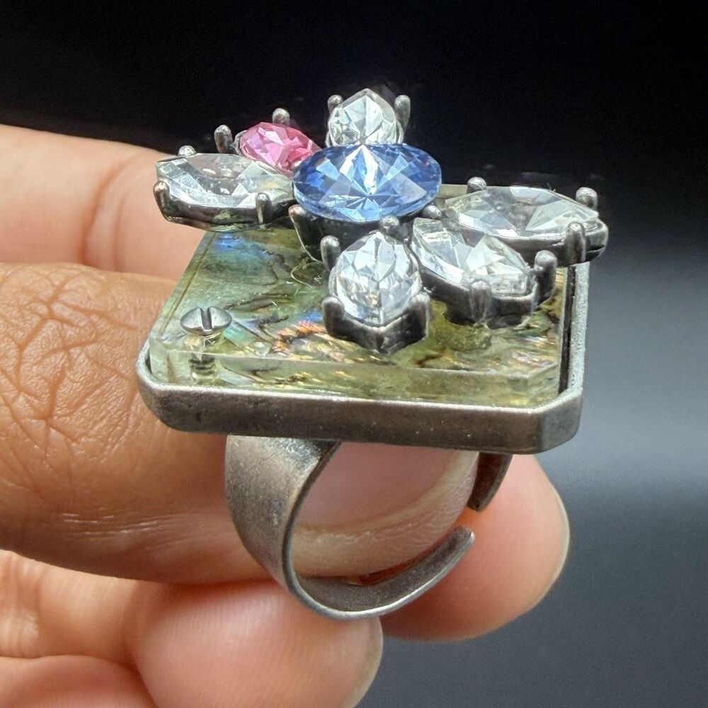 Artisan Dichroic Glass Ring Adjustable Blue Crystal Flower Silver Boho Statement